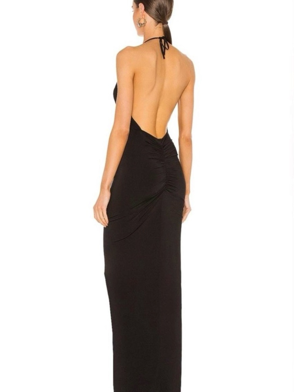 Michael Costello Elegant Black Halter Ruched High-Slit Maxi Dress - Picture 3 of 4